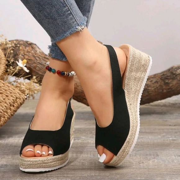 Women's Canvas Fish Mouth High-Heeled Sandals With Wedge Heels - Picture 1 of 4